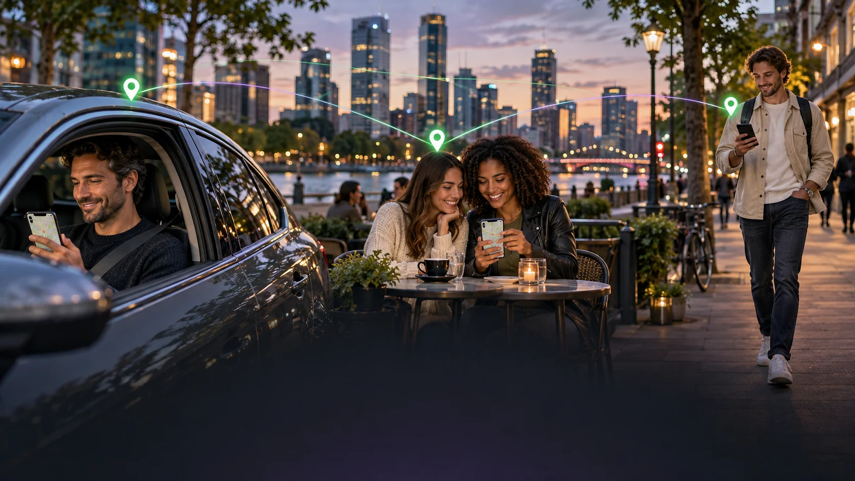 A person in a car, two people in a café and a pedestrian see each other's locations on the Connecter map