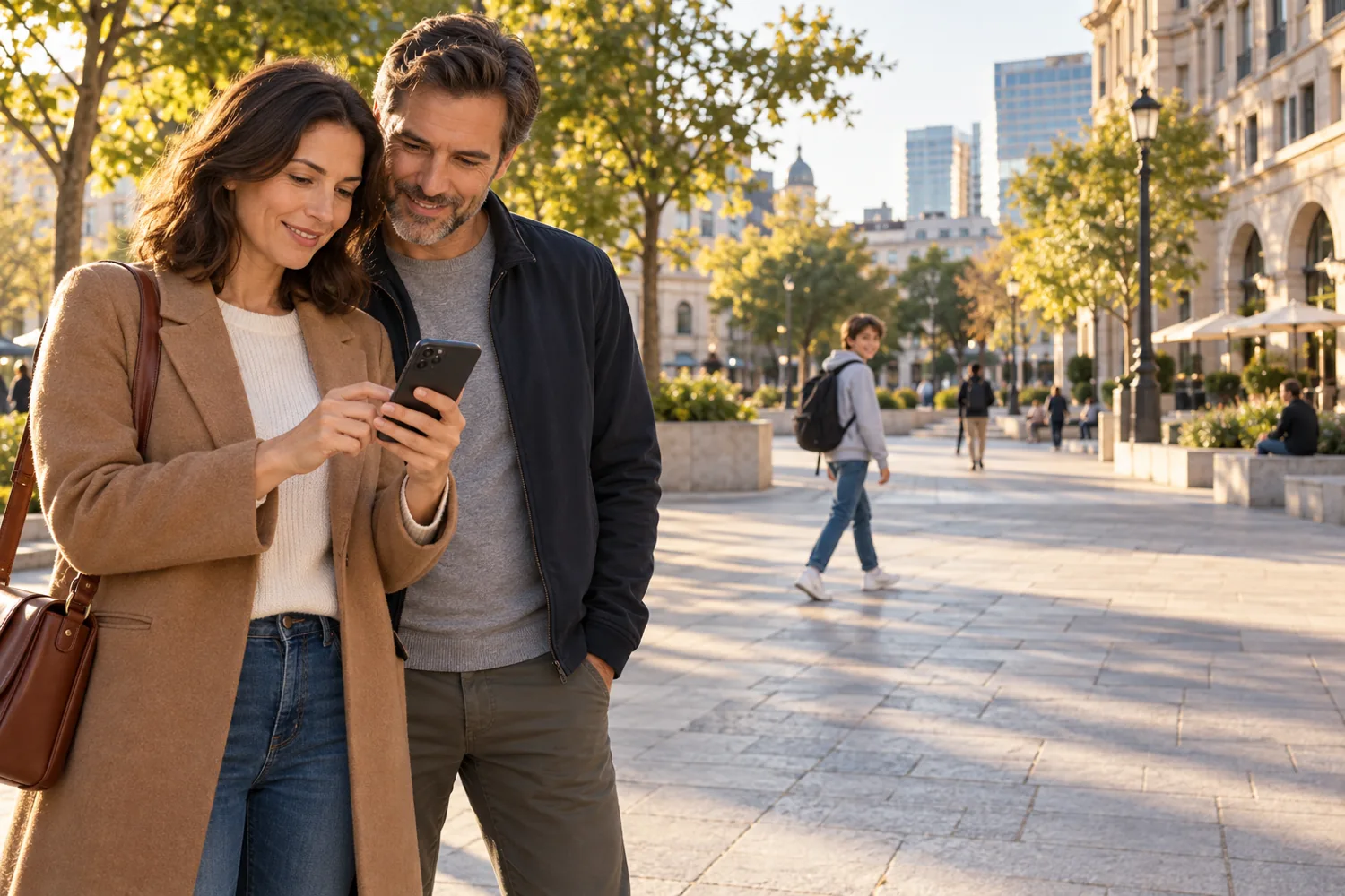 Parents checking the location of a teenager walking through a city square on their phone