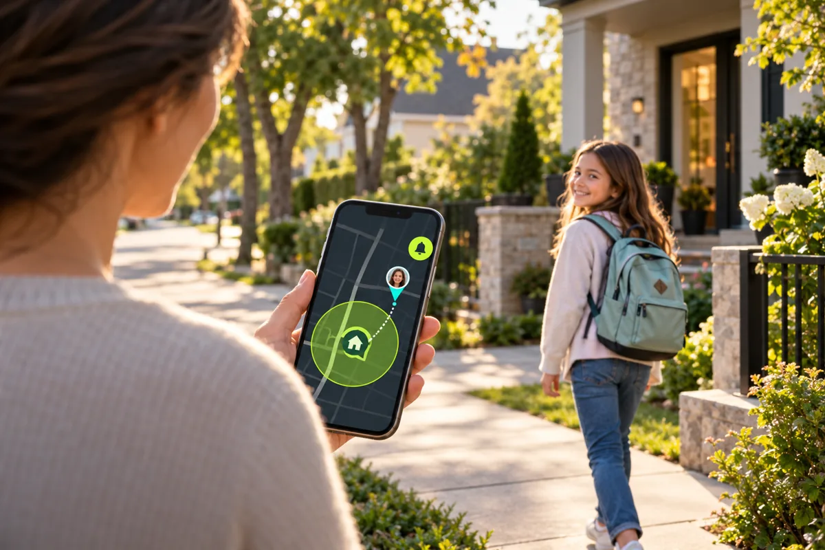 A daughter returning from school while a parent sees her approaching home on the map