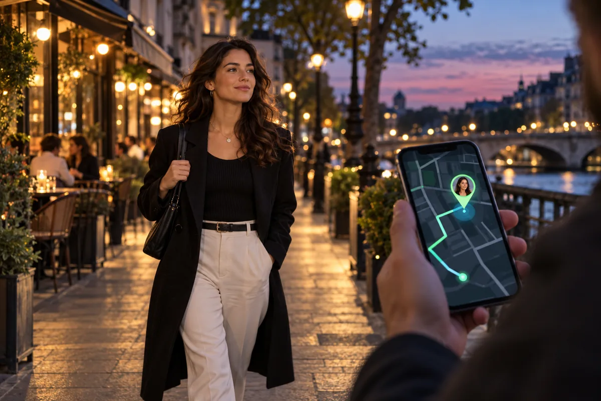 A woman walking through a city in the evening, with her route visible to a loved one on the map