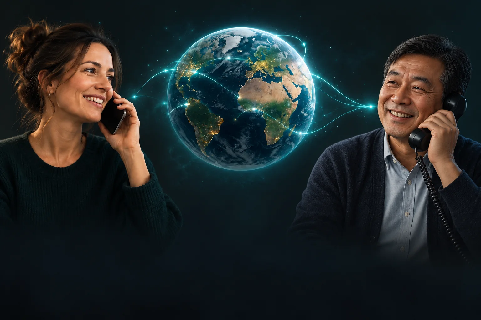A woman with a smartphone and a man in China with an ordinary phone talk across the globe