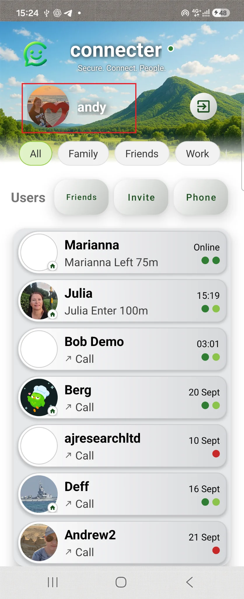 Connecter home screen: the profile photo is highlighted in red