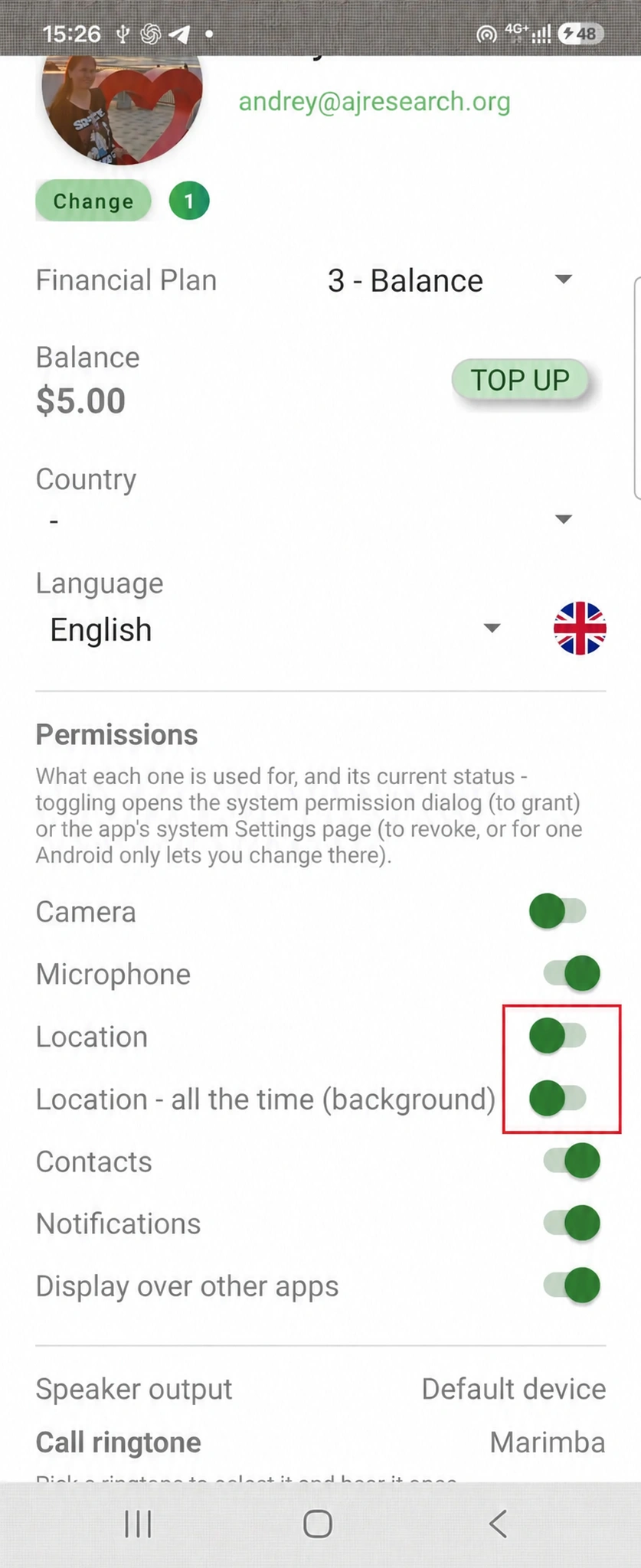 Account Settings: Location and Location — all the time switches are highlighted in red
