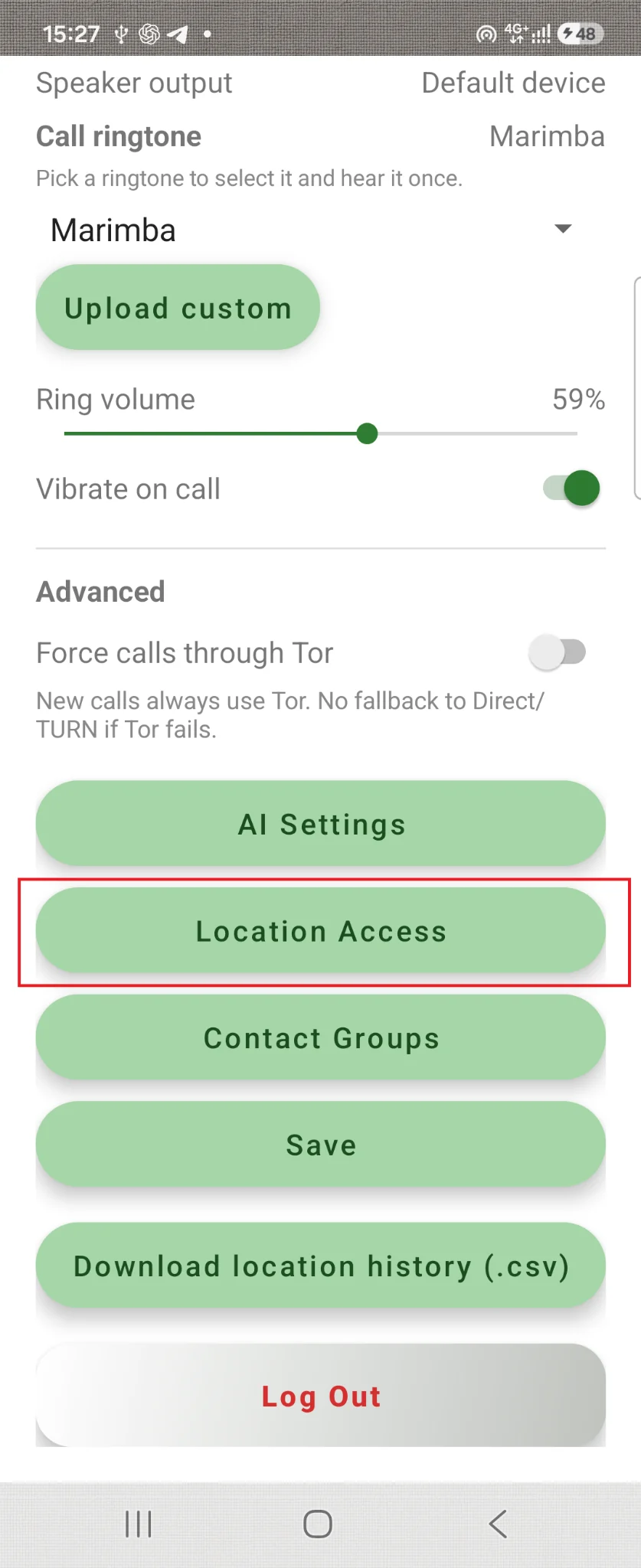 Account Settings: the Location Access button is highlighted in red