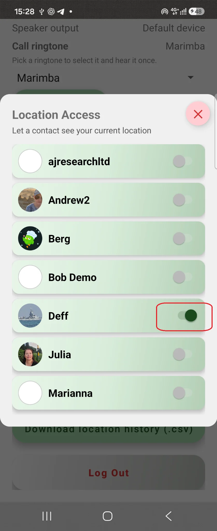 Location Access window: the access switch for a selected contact is highlighted in red