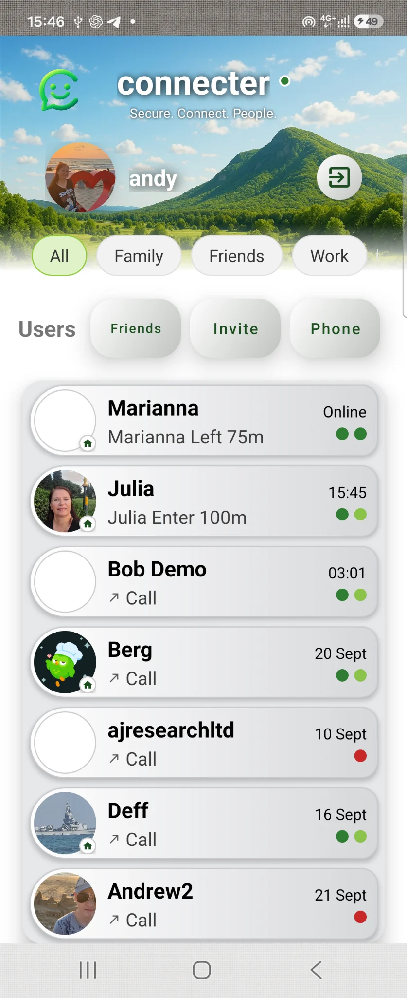 Connecter contact list: two indicators appear to the right of a contact; the second shows location availability