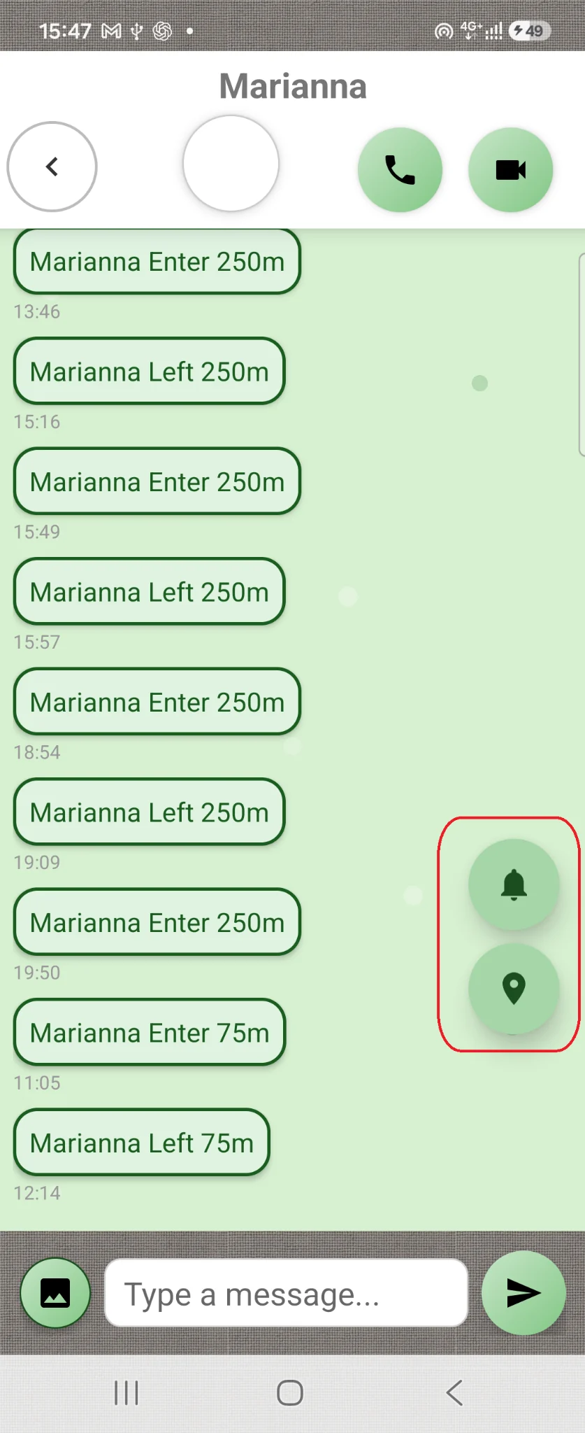 Contact chat: two buttons are highlighted on the right, a bell and a location pin