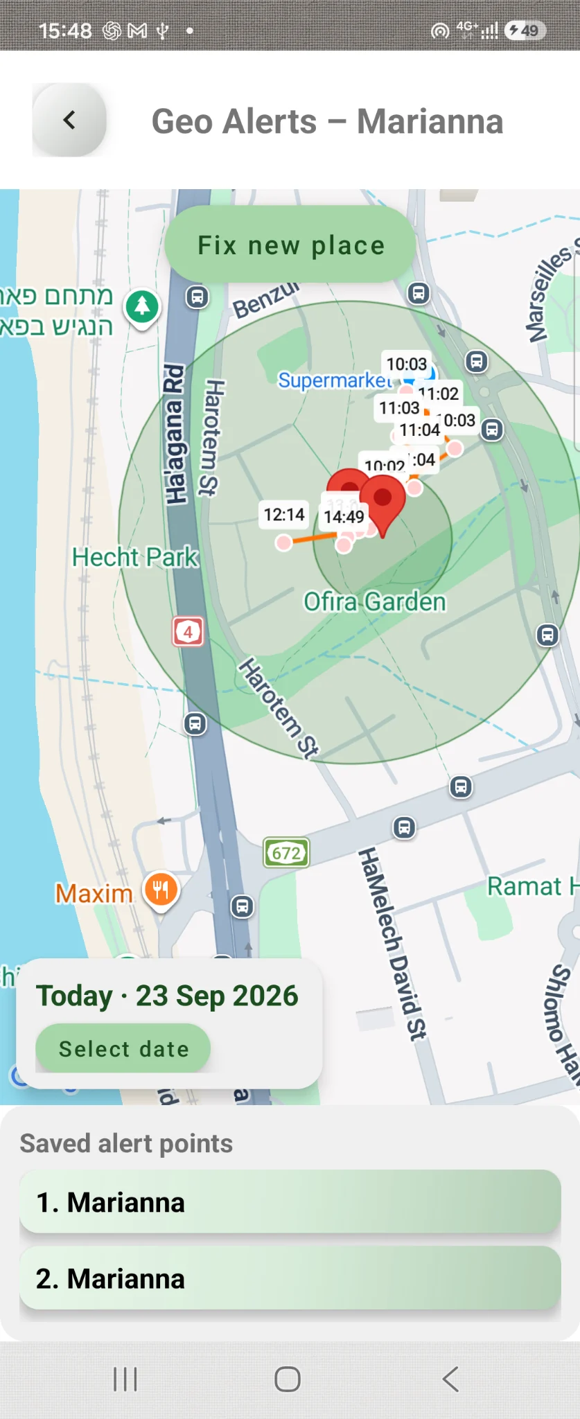Geo Alerts map with circles and a date selector in the bottom left