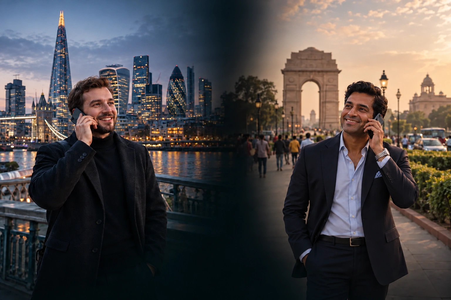 An English speaker against a city skyline and an Indian speaker near India Gate talking on the phone