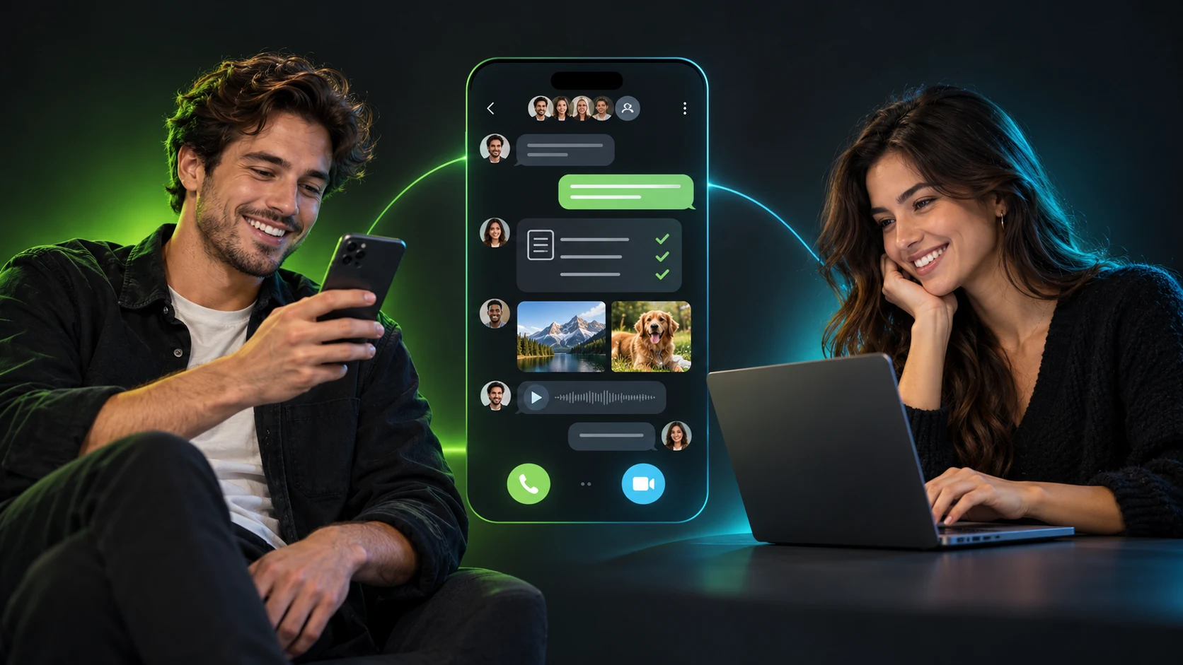Messaging, voice and video calls, photo sharing and shared lists in a Connecter group chat