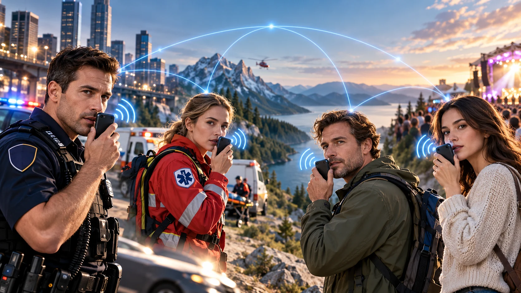 A police officer, a medic and other participants use their phones to speak to a group as on a walkie-talkie