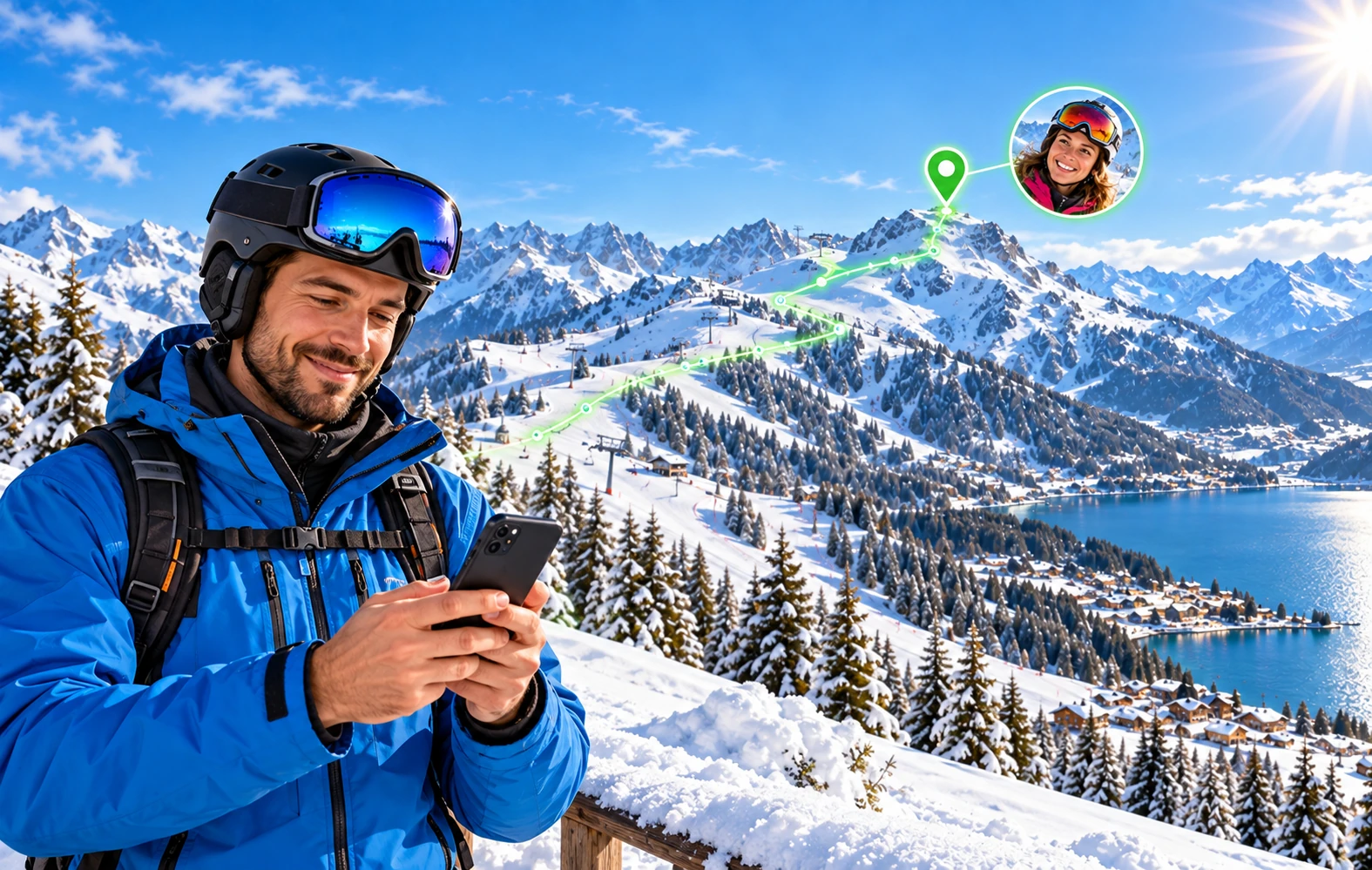Happy skiers and verified route markers in Connecter
