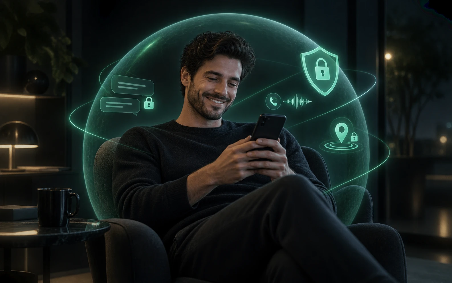 A man calmly using his phone inside a protective sphere; icons represent chat, call and location protection
