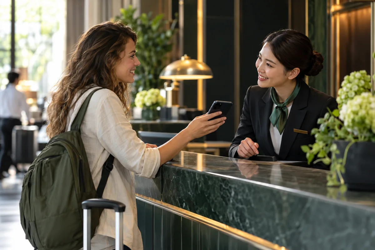 A tourist talking to a hotel receptionist using voice translation