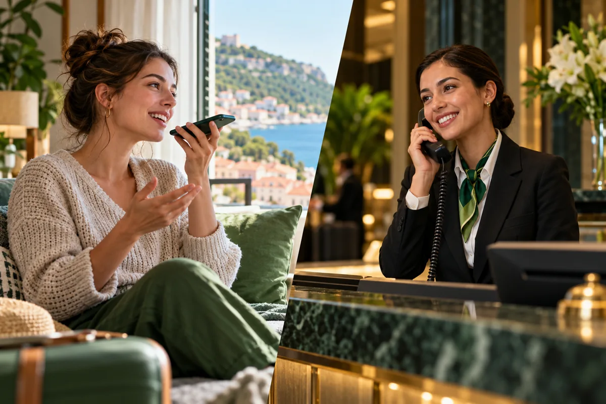 A guest and a hotel receptionist communicating on an ordinary phone with translation