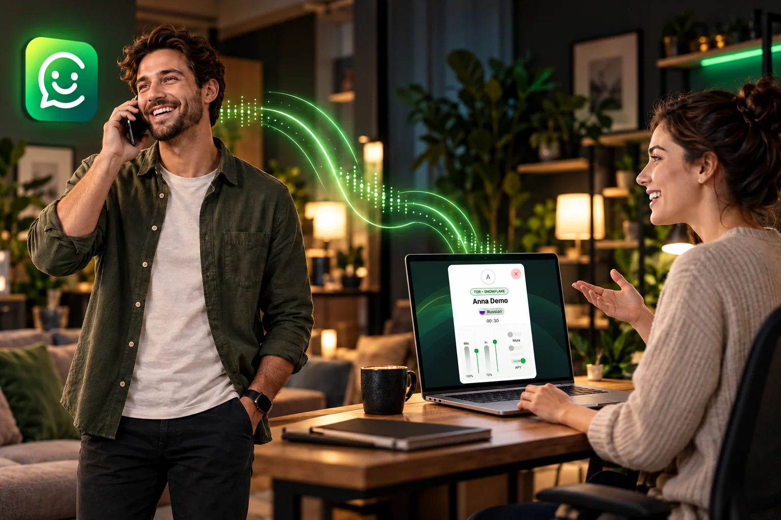 A happy man speaking on a smartphone through Connecter while a woman answers on a computer with the call interface open; a connection is shown between them