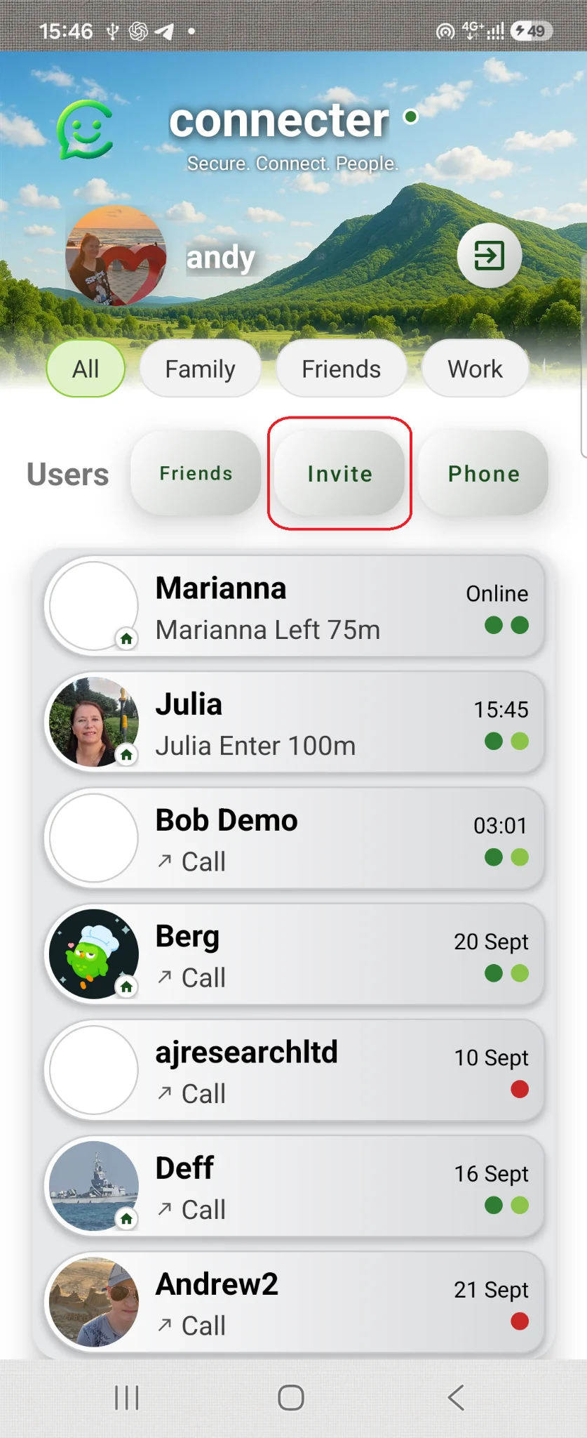 Connecter home page: the Invite button is highlighted in red