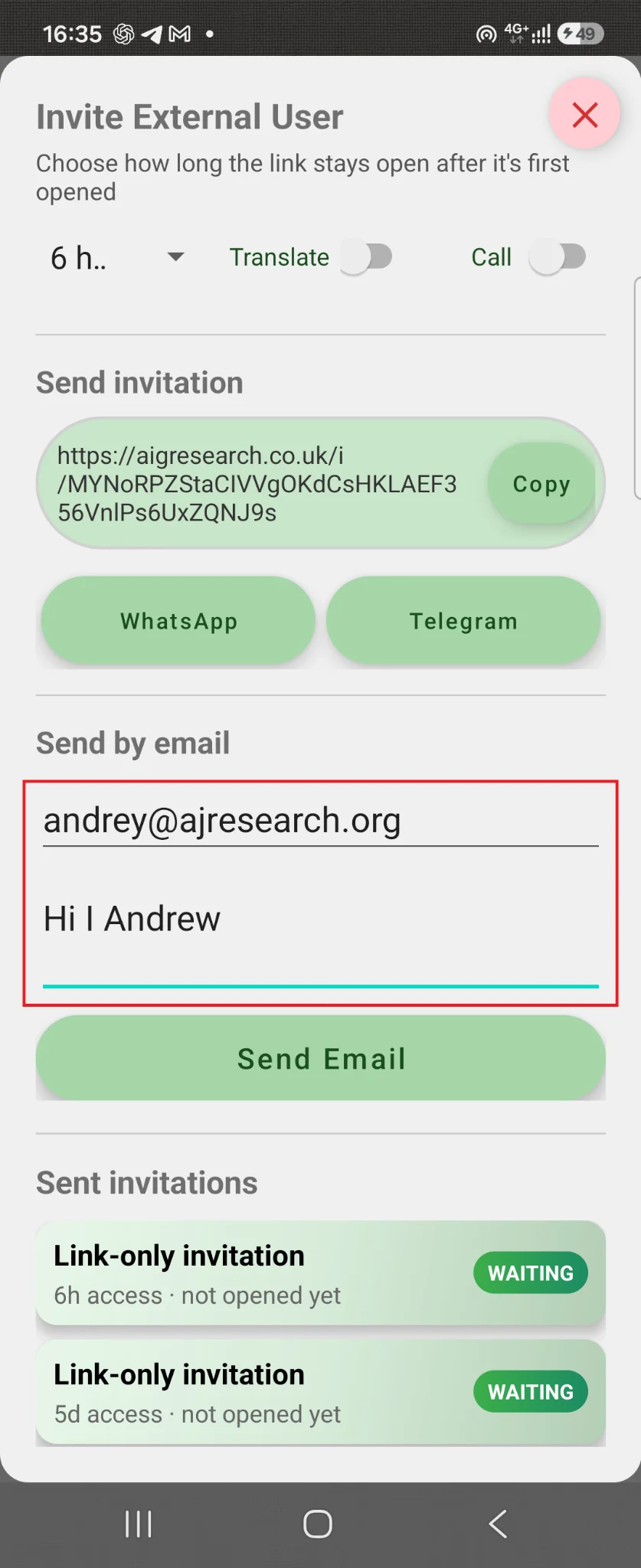 Invitation sending screen: email field and WhatsApp and Telegram buttons