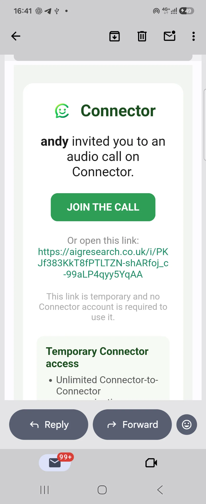 A Connecter email with a Join the Call button for connecting through a browser